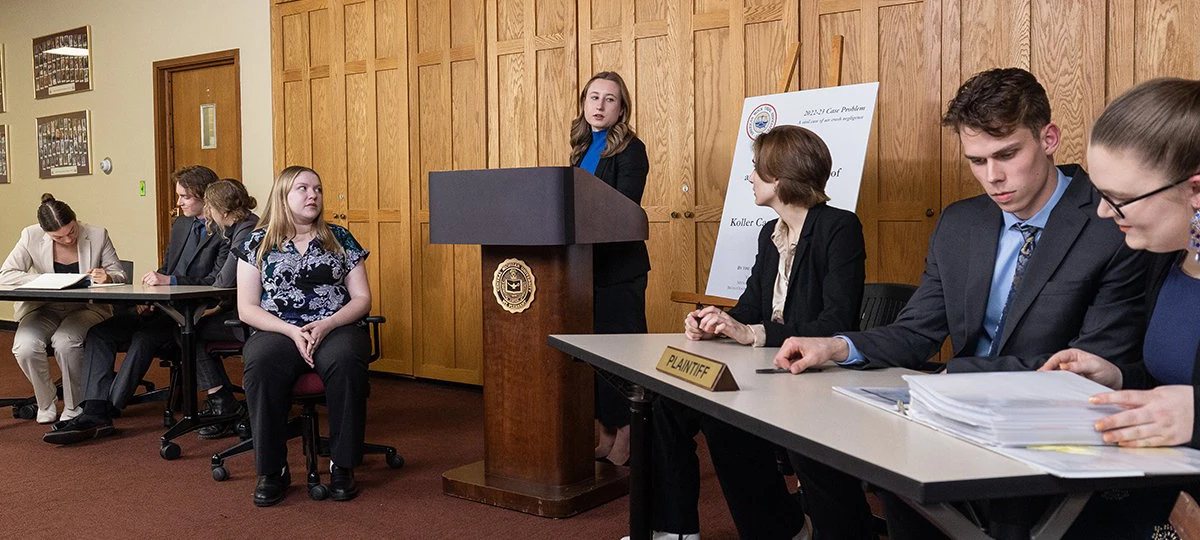 CMU Mock Trial students argue a case in a courtroom