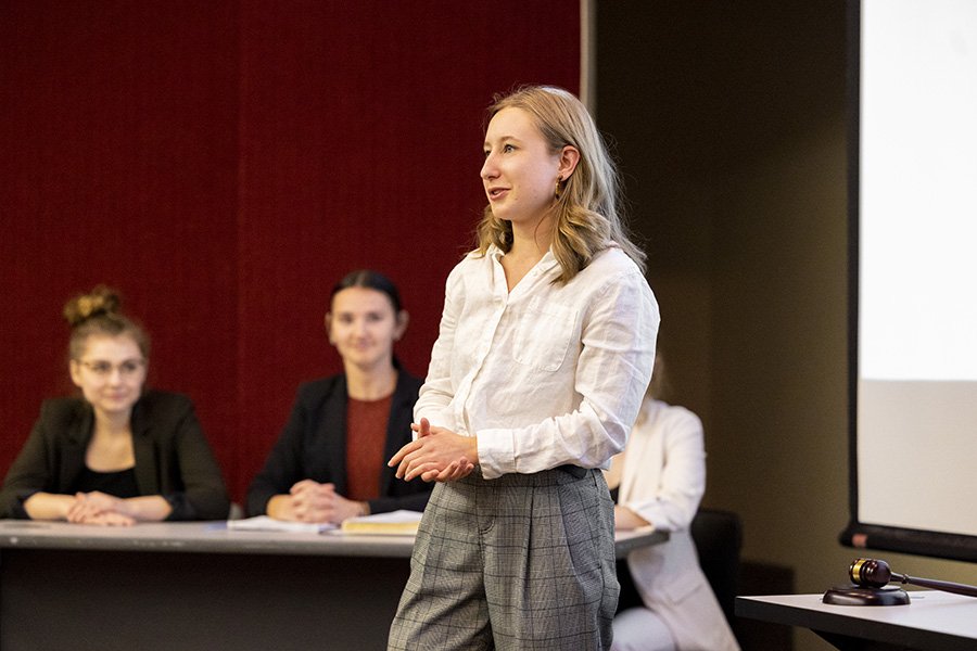 A CMU student presents during a mock trial