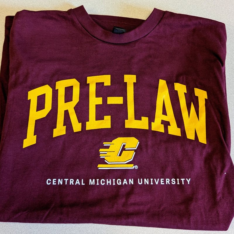 Maroon Pre-Law T-shirt with gold lettering, the CMU Action C, and Central Michigan University in white
