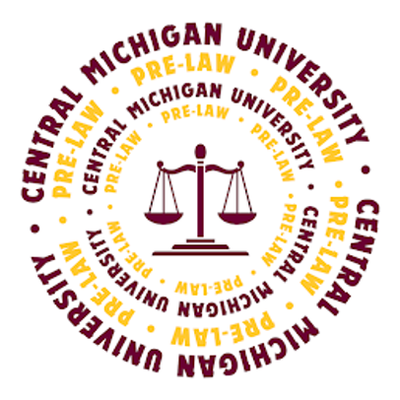 Pre-Law sticker: rings of Central Michigan University and Pre-Law text in maroon and gold around scales of justice