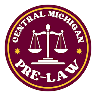 Pre-Law sticker: a maroon seal with scales of justice reading Central Michigan Pre-Law